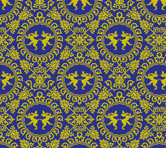 Arabesque Rabbits Blue/Gold Fabric
